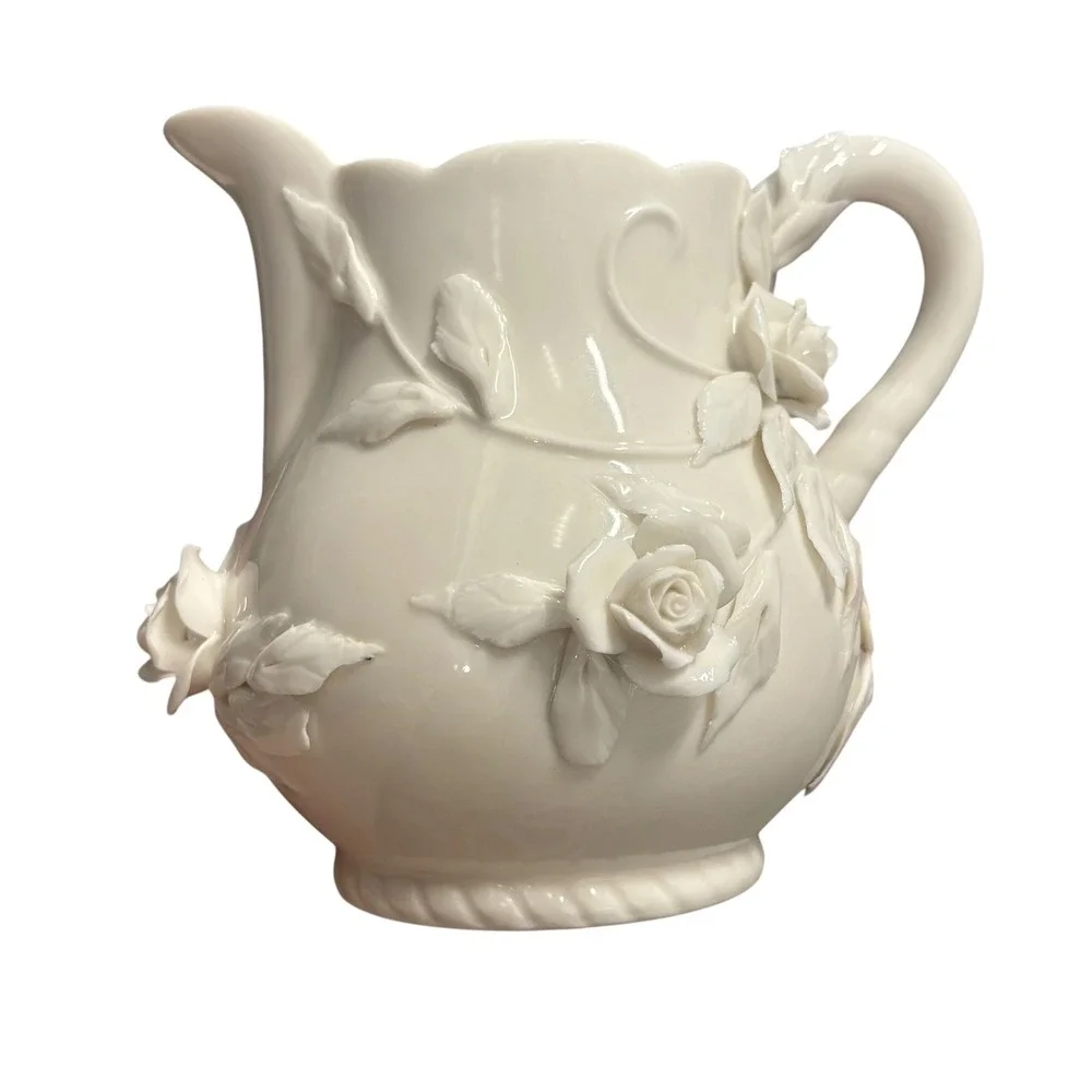 Godinger Antique Reflections Cream Ceramic Rose Pitcher 3D Floral Victorian Shab
